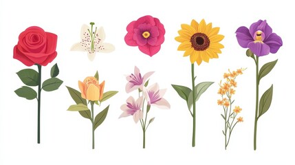 Obraz premium Minimalist Floral Composition with Roses, Sunflowers, Lilies, and Orchids in Vibrant Flat Design on White Background, Highlighting Beauty of Nature