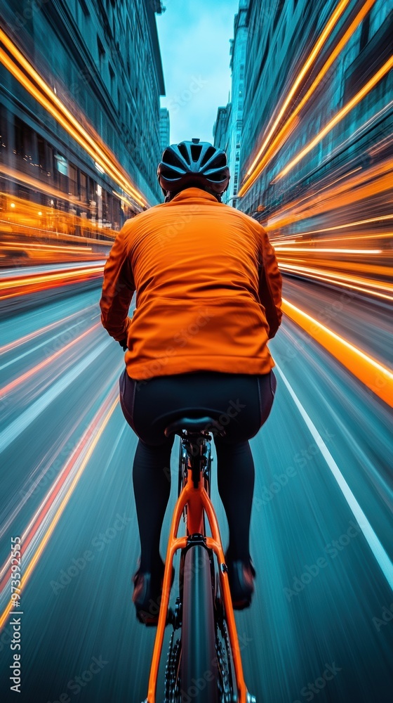 Wall mural A man riding a bike down the street in an orange jacket, AI