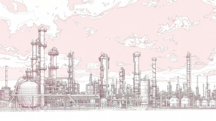 Obraz premium A Sketch of an Industrial Complex Against a Pink Sky