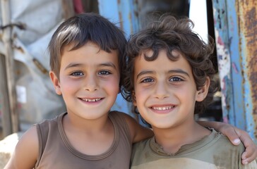 Two young boys smiling and embracing outdoors