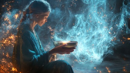 A healer conducting an energy cleansing with a singing bowl, the sound waves visibly rippling through the air