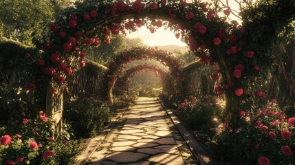 A rose garden trellis covered with climbing roses in full bloom, creating a romantic and dreamy setting