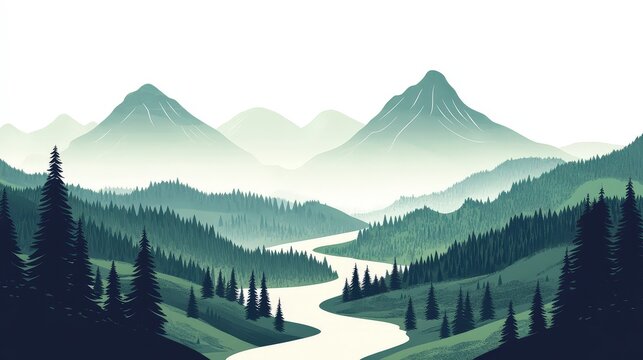 Serene Minimalist Vector Landscape with Mountains, River, and Forests in 2D Flat Style on White Background