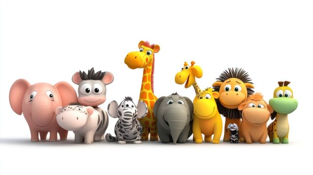 A group of nine cute cartoon animals sit together, isolated on a white background.