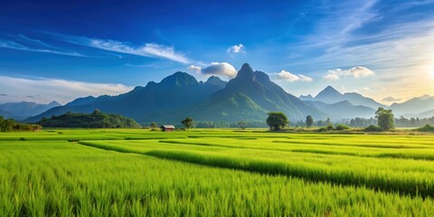 Fototapeta premium Beautiful rice field landscape with mountains and blue sky, rice field, landscape, mountains, blue sky, nature