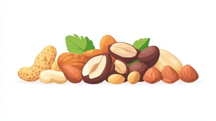 Nutritious Variety: Simple Flat Design of Walnuts, Hazelnuts, Peanuts, and Cashews on Transparent Background