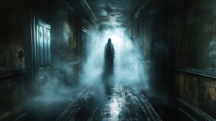A shadowy figure stands in a foggy, dimly lit hallway.