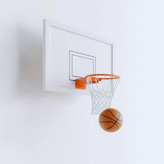 Naklejka premium A basketball hoop on a white wall with a ball flying at the target nice 3d render