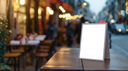 Blank White Signboard on a Wooden Table in a City Street
