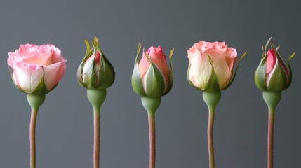A time-lapse sequence showing a rosebud opening into full bloom, with petals unfolding in stages