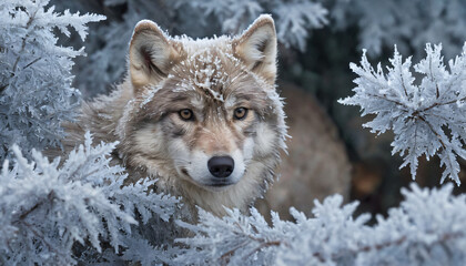 Obraz premium wolf in the blanket of fog and ice crystals