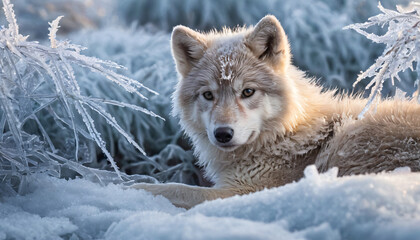 Fototapeta premium wolf in the blanket of fog and ice crystals
