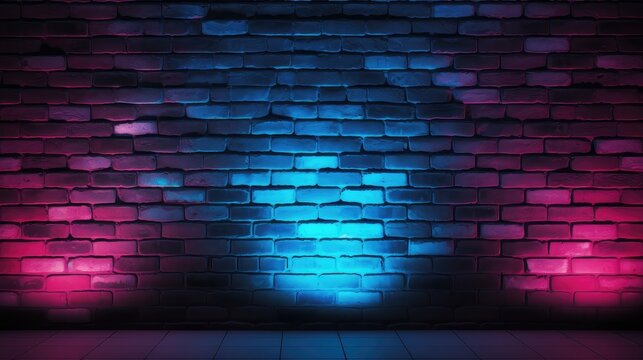 A vibrant, illuminated brick wall with blue and pink lighting, creating a dynamic backdrop suitable for events or photography.