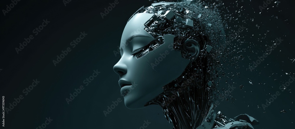 Wall mural 3d rendering of a female robot s head in the process of disintegration against a dark background