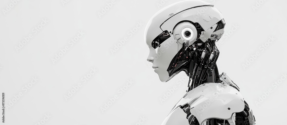 Poster 3d rendering of a humanoid robot in profile against a white background with empty space