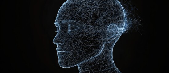 High resolution 3D wireframe representation of a human male head set against a black background symbolizing technology cyborgs digital avatars and futuristic concepts