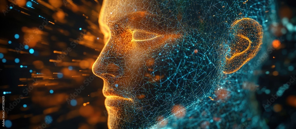 Poster abstract digital representation of a human face concept of artificial intelligence related to big da