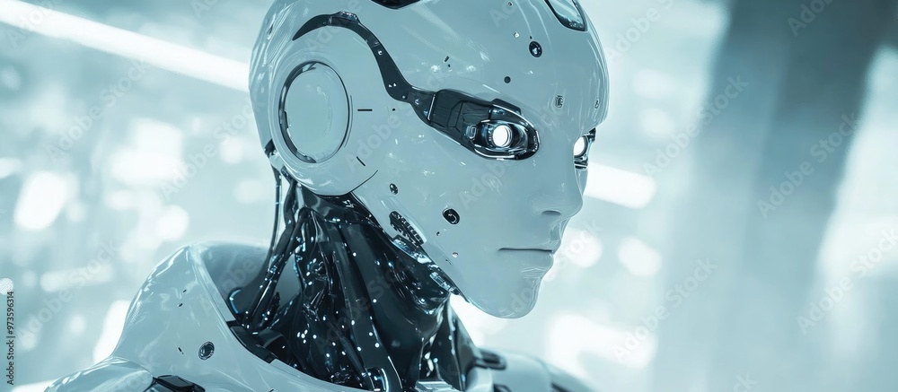 Poster futuristic 3d rendering of a robotic figure in a sci fi setting
