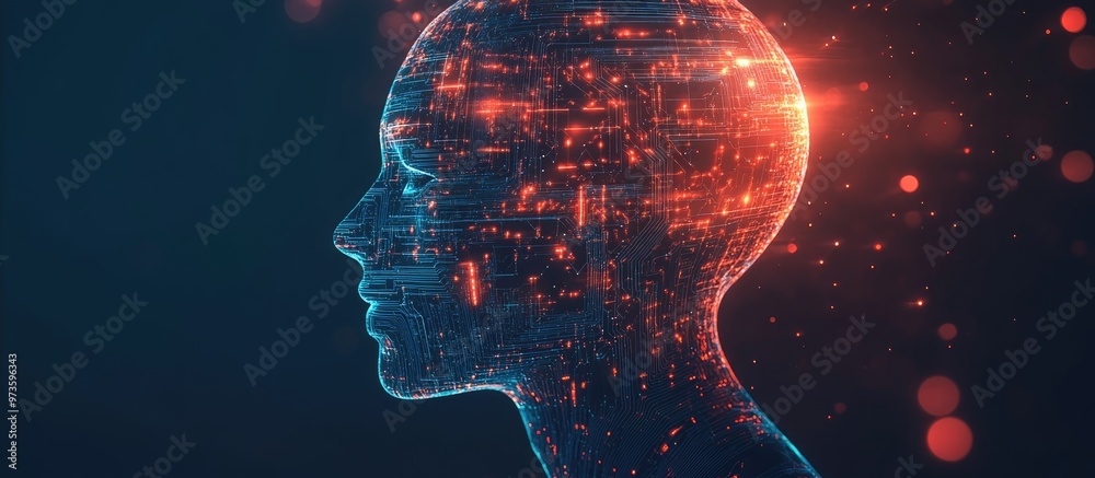 Poster abstract representation of artificial intelligence web technology backdrop featuring a human head ou