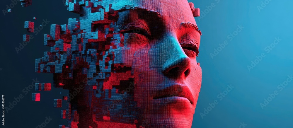 Poster 3d rendering of a block based face gazing forward featuring a precise cutout with a clipping path