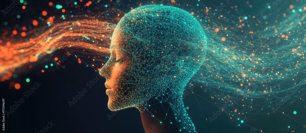 Aufkleber conceptual design of machine learning and artificial intelligence featuring a human or robot head in