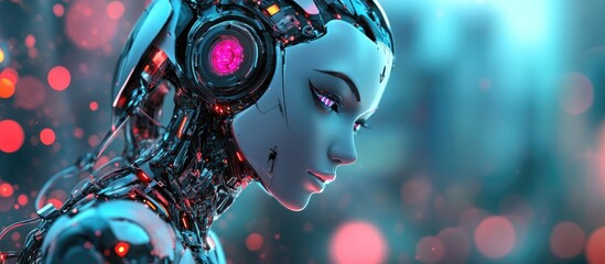 Futuristic pin up illustration featuring a female robot