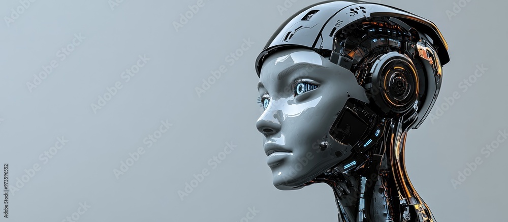 Poster 3d rendering of a female robotic head against a gray background representing the concept of artifici