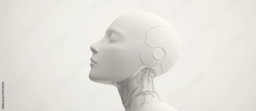 Poster stylish white robot head dummy on a light blank backdrop representing a concept in robotics 3d rende