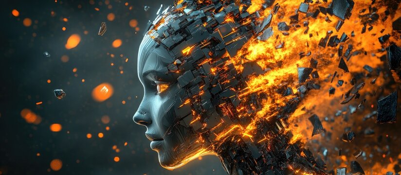 Shattered vision of a machine 3D rendering of a metallic sci fi female AI head in an explosive moment