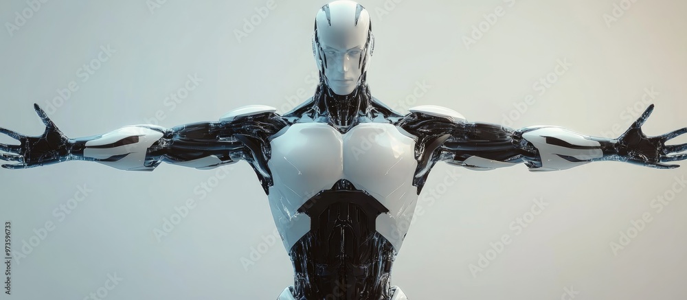 Poster 3d rendering of a cyborg man from the torso displaying gestures