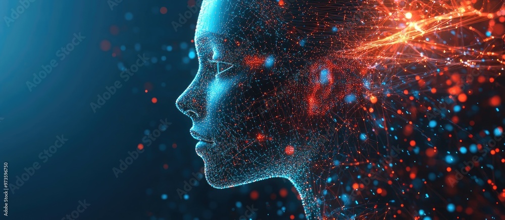 Poster circuit board linked to a segment of an ai face featuring a polygonal design of lines and dots set a