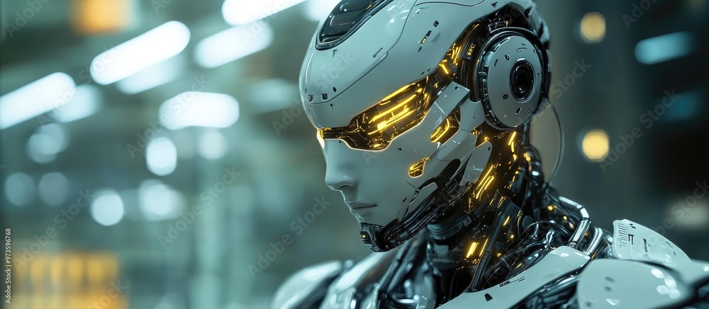 Poster 3d rendering of a futuristic robotic figure with advanced technology features