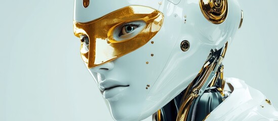 Stylish robot upper body featuring a golden face Sleek cyborg adorned with a gold mask