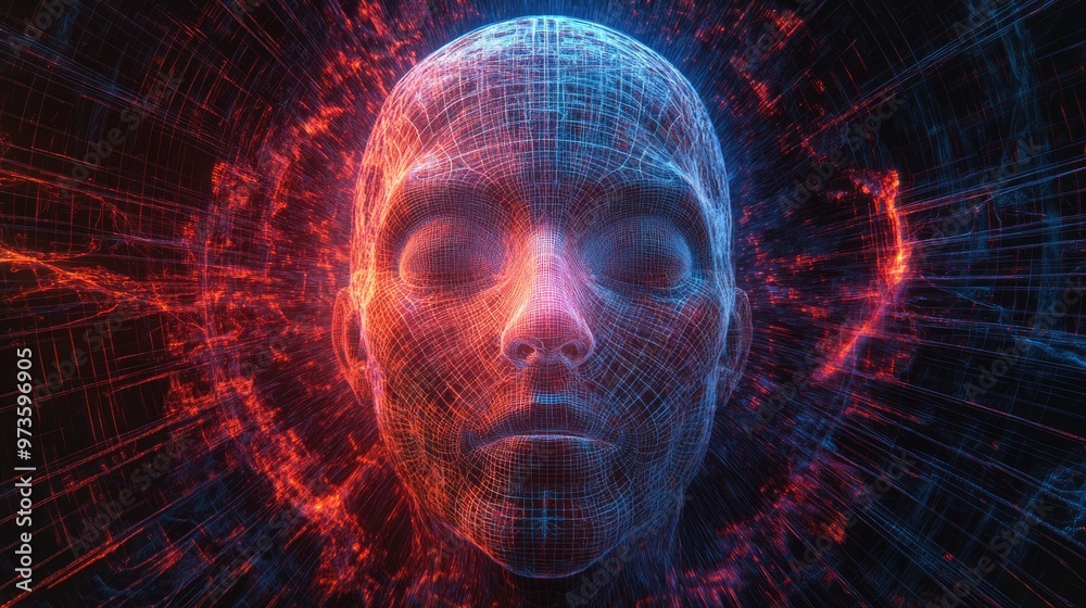 Poster human head blended with fractal grids creating a visual backdrop for projects focused on science tec
