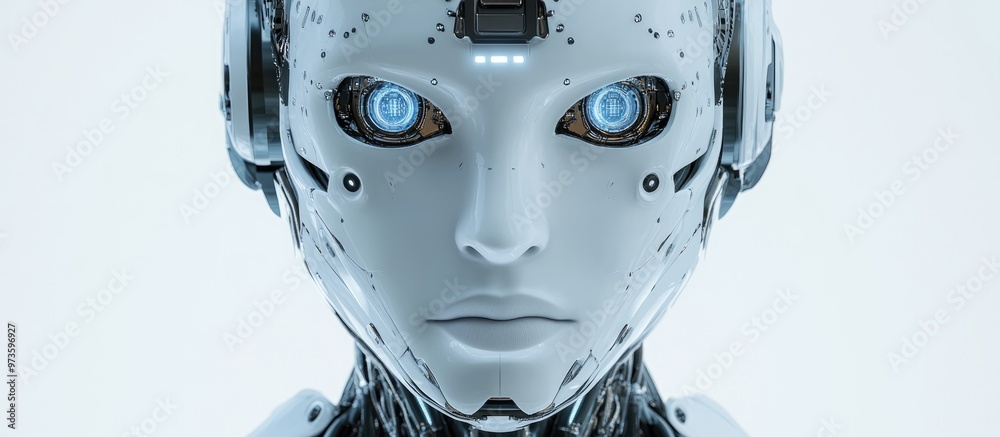 Poster front view of a robotic face gazing directly at the camera