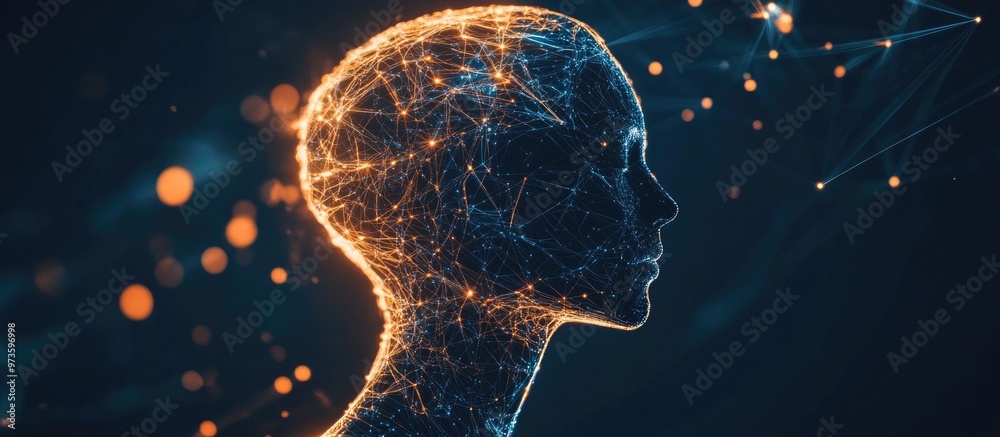 Poster interconnection of human head outlines with technological and fractal elements exploring themes of a