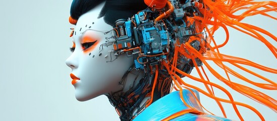 Stylish robotic geisha featuring vibrant blue and orange components with visible wiring presented in a profile view 3D rendering