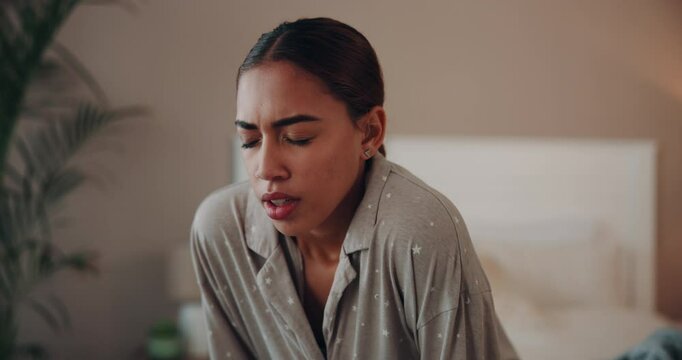 Woman, stomach and pain for morning sickness, cramps or food poisoning with indigestion or bloating. Female person, tummy ache and gut health with abdominal muscle, menstrual cycle and nausea in home