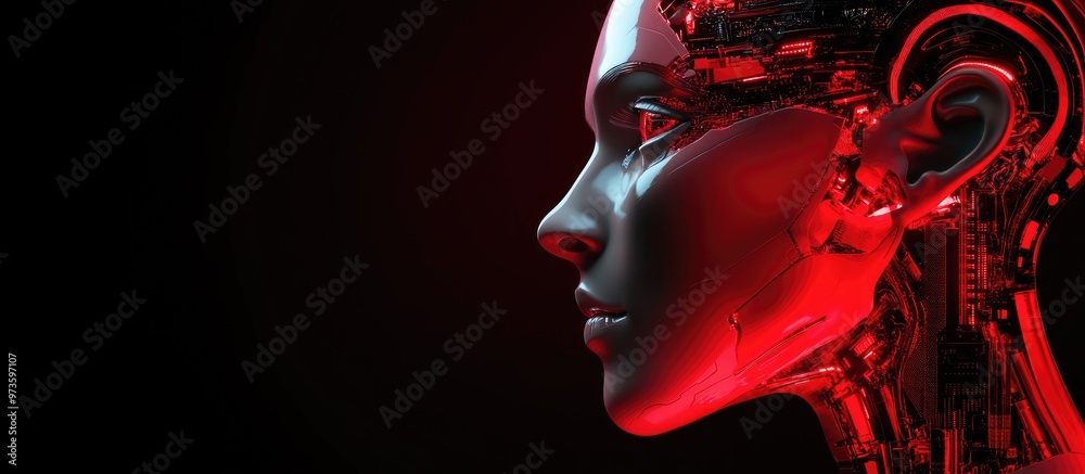 Poster cyborg face in profile view with a red color scheme