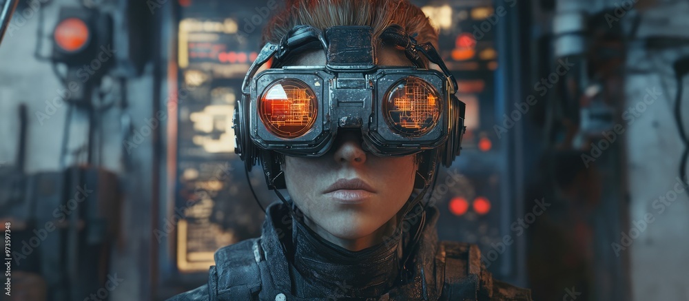 Poster portrait of a futuristic android cyborg donning virtual reality goggles blending steampunk and cyber
