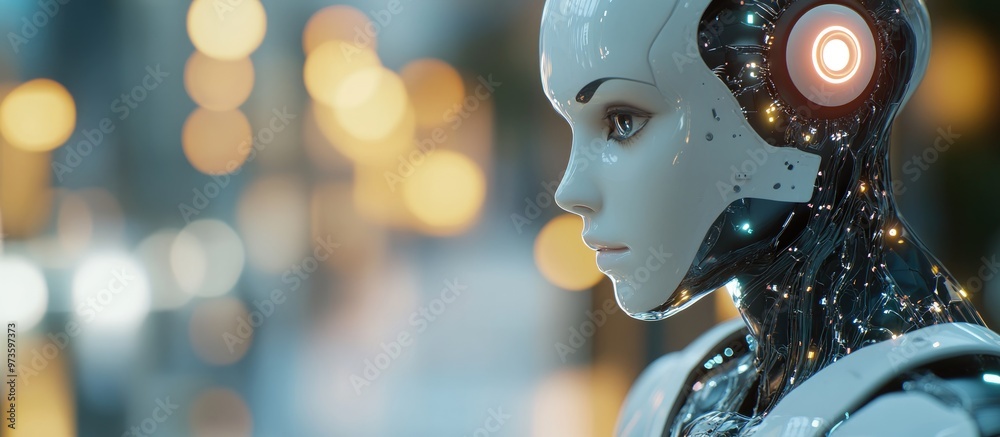 Wall mural cyborg figurine set against a blurred backdrop generating artificial intelligence 3d visualization