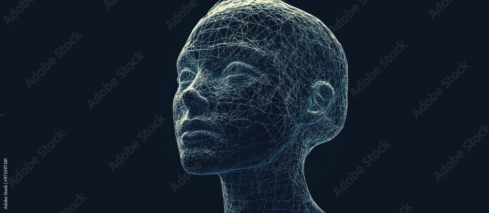 Poster High resolution 3D wireframe representation of a female head isolated on a dark background symbolizing technology cyborgs virtual avatars and futuristic concepts