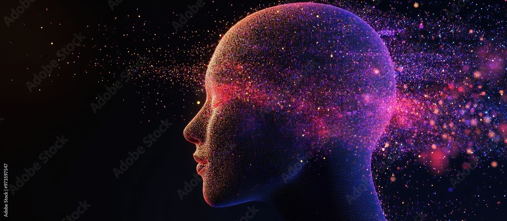 Poster Silhouette of a human head formed from pixel particles representing concepts of artificial intelligence deep learning and facial recognition technology