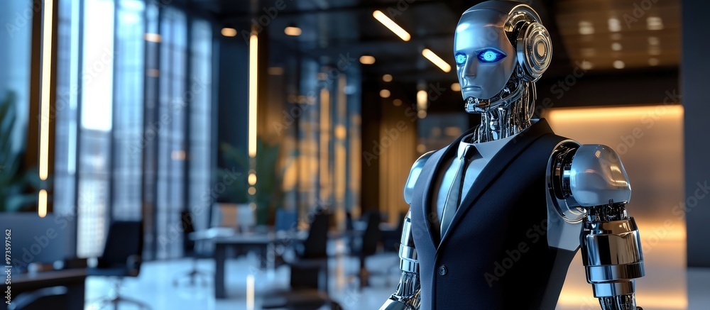 Poster 3d rendering of a robotic businessman dressed in a suit within an office environment