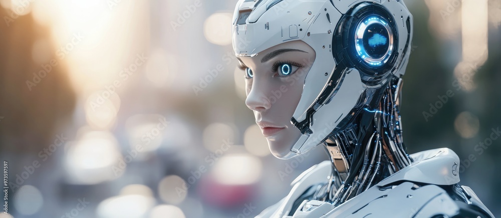 Poster futuristic female cyborg robot 3d depiction showcasing advanced robotics and artificial intelligence