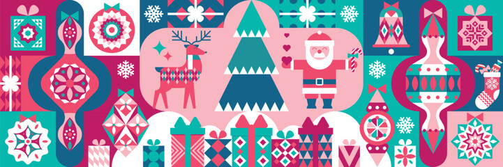 Creative geometric Christmas background with symbols of Christmas tree decorations, gifts, Santa Claus, deer and  fir tree. Banner, pattern, texture for packaging, souvenirs