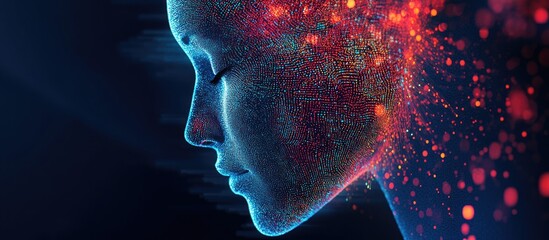 Abstract digital representation of a human face showcasing artificial intelligence concepts rendered in 3D