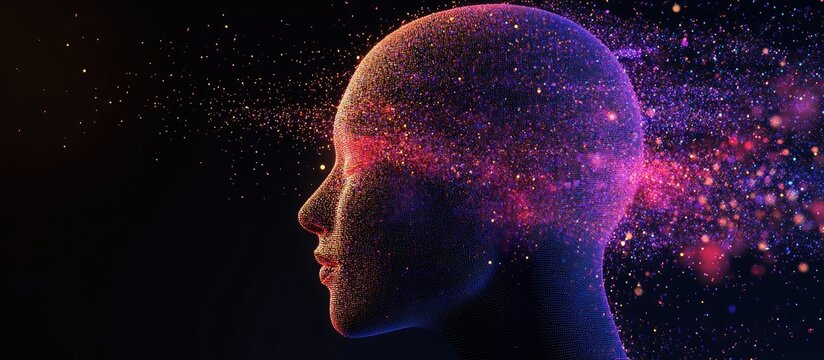 Silhouette of a human head formed from pixel particles representing concepts of artificial intelligence deep learning and facial recognition technology