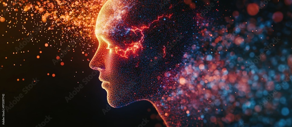 Poster pixel art depiction of a human head composed of particles representing themes of artificial intellig