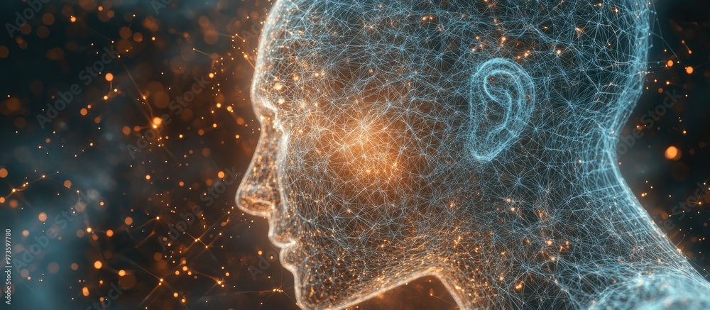 Poster 3d rendering mind field series featuring a wire mesh human head model combined with fractal patterns
